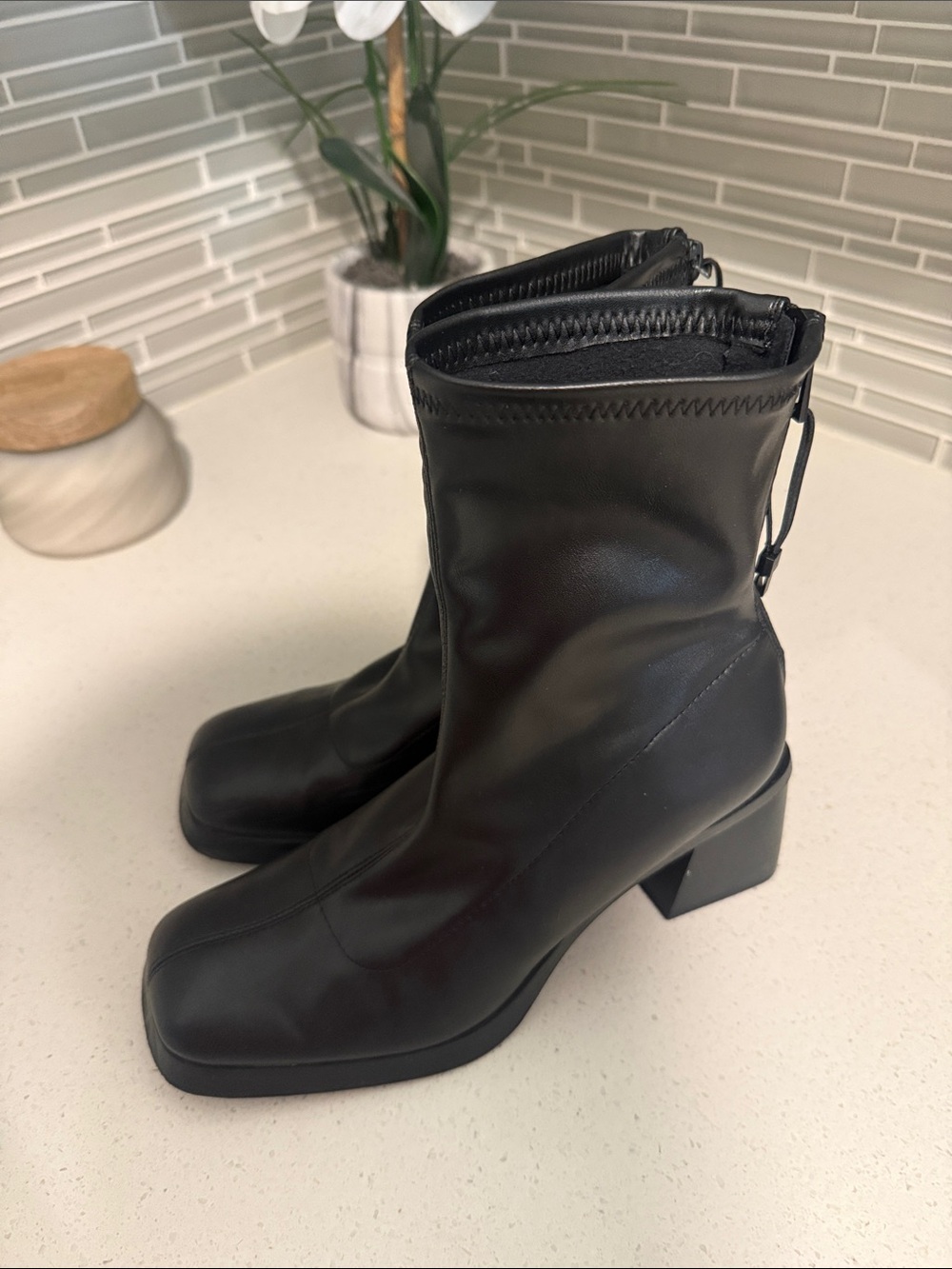 Zara Black Square Toe Block Heel Ankle Boots